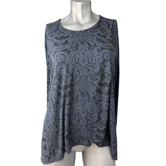 HABITAT Top Womens Blue Jacquard Medium Black Print Long Sleeve Asymmetric - Picture 3 of 12